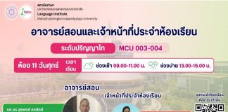 รศ.ดร.สุรพงษ์ คงสัตย์ ประธานหลักสูตร สาขาวิชาภาษาอังกฤษ ได้รับเชิญจากมหาวิทยาลัยมหาจุฬาลงกรณราชวิทยาลัย ให้เป็นวิทยากร บรรยายภาษาอังกฤษ mcu003 ให้กับนิสิต ด้วยโปรแกรม Speexx